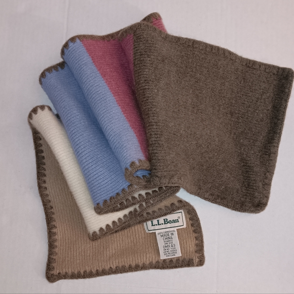 L.L. Bean Multicolor Lambs Wool Knit Colorblock Scarf Tan Blue Cream Vintage
